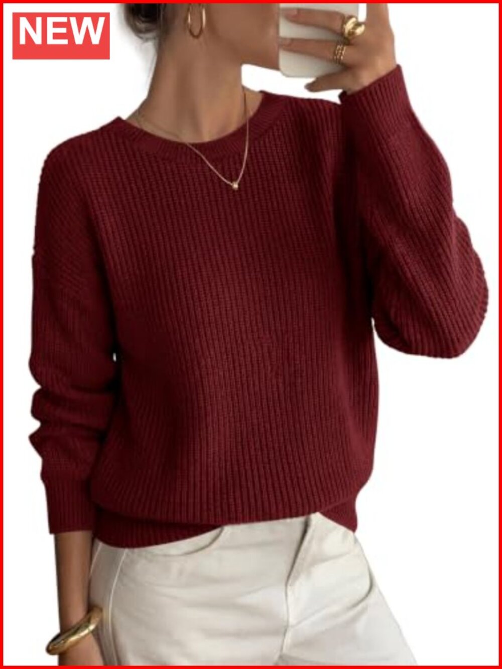 Womens Chunky Ribbed Knit Crew Neck Long Sleeve Pullover Sweater